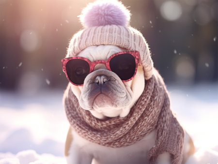 Adorable bulldog puppy in sunglasses in a knitted light hat on a snowy street.の素材