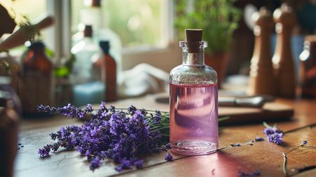A bottle of essential oil and lavender flowers on the kitchen table on a dark background, close-up. aromatherapyの素材