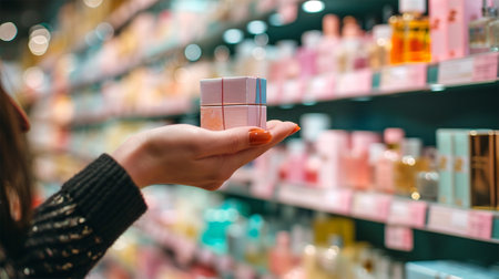 a womans hand holds a small gift box against the background of the shelves of a perfume storeの素材