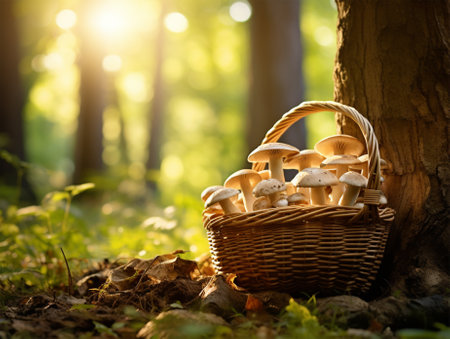 basket full of mushrooms in nature. Edible forest mushroom growing in moss in the forest in sunlight close-up.の素材
