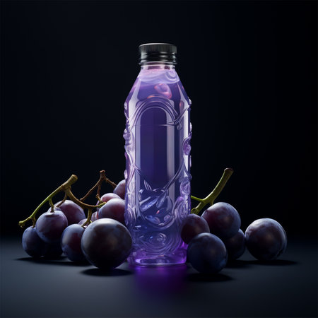 bottle with plum juice or drink and ripe plums nearby.On a dark background. a bottle with space for text is suitable for the presentation of a plum drink productの素材
