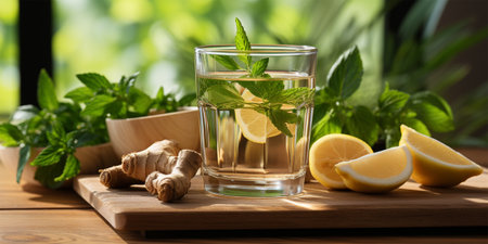 glass with refreshing mint drink, ginger and lemon on wooden tableの素材