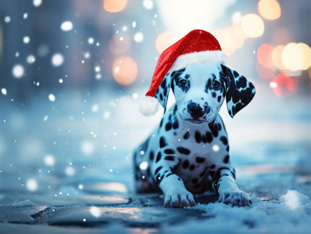 cute puppy Dalmatian Dog in a Santa Claus hat in the forest. Black and white spotted Dalmatian dog wearing a red hat.の素材
