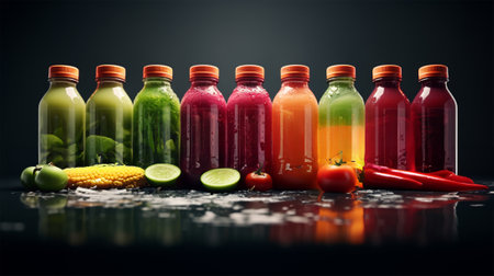 assortment of juices and drinks with vegetables on a wooden table, healthy eating.の素材