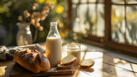 bottle of milk and Fresh homemade bread on a table in the kitchen with copy space.の素材