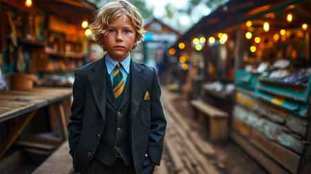 serious little schoolboy in a suit and tie on the street between the rows of shopping mallsの素材