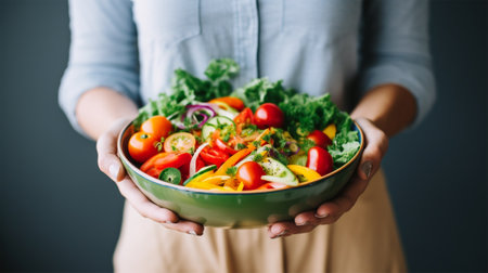 female hands holding a plate with vegetables, healthy eating and self-care.の素材