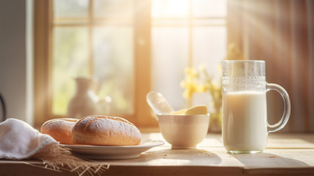 milk in a bottle from freshly baked bread on a wooden table in the kitchen in the sun.の素材