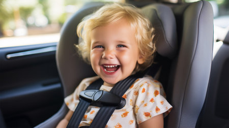 Cheerful curly-haired girl in a car seat for children. Preventing danger. concept of safe travel and life protectionの素材