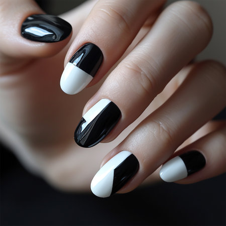 Beautiful manicure for long nails in black and white ,geometric nail design and extensions in a nail salonの素材