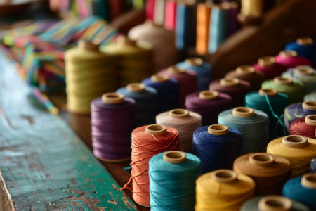 Background from bobbins with multi-colored sewing threads. Handicraft, sewing and tailoring concept. Fabric and textile industryの素材