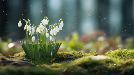 snowdrop flowers in a clearing in the forest, copy space .の素材