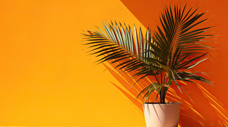 a decorative flower on an orange yellow background in the room. Minimalistic background for branding and product presentation. with a plant against an orange wallの素材
