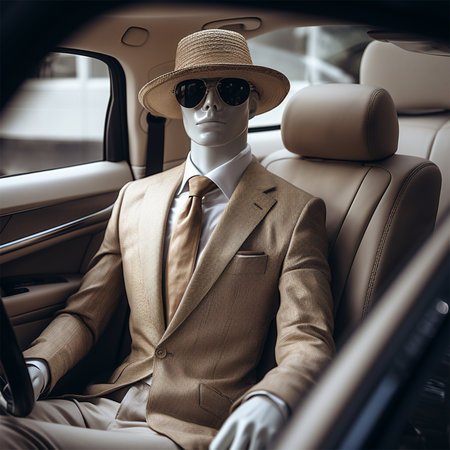 a white mannequin in a beige suit with a tie, sunglasses and a straw hat sits behind the wheel of a car at a car exhibition.の素材