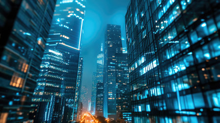 abstract business background with high rise glass buildings at night. defocus, correction of light blue and dark blue colors,business and financeの素材