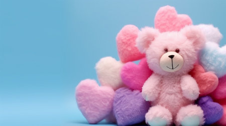 cute pink fluffy Bear toy on a background of soft multi-colored hearts on a blue background with copy space. greeting card for Valentines Day or holiday greetings.の素材