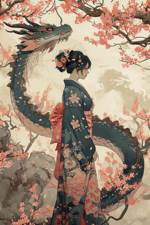 An illustration depicting an oriental dragon and a girl in a kimono under cherry blossoms. Year of the Dragon according to the eastern calendar. The symbol of the year in the culture of the East.の素材