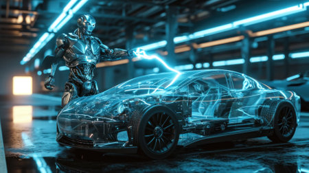 Futuristic robot charges with lightning from his hand into a futuristic transparent electric car, contactless energy chargingの素材