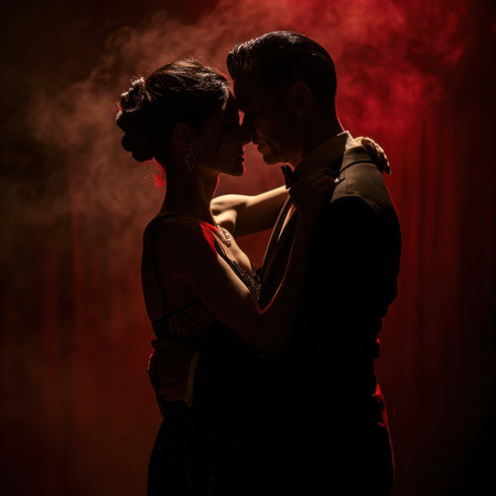 deep dark photograph of a dancing couple, silhouette lighting on a red backgroundの素材