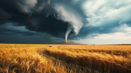 Tornado over a wheat field with dark storm clouds.の素材