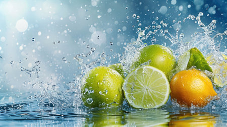 Lemon and lime with splashes of water on a blue background with copy space.refreshing image for the siteの素材