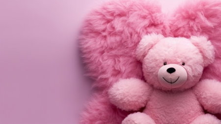 pink soft bear on pink fur heart with copy space. greeting card and valentines day conceptの素材