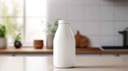 bottle of milk on the table in a bright kitchen, copy spaceの素材