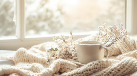 spring still life. A cup of coffee, a white knitted blanket by the window. photo in bright colors, happy Easterの素材