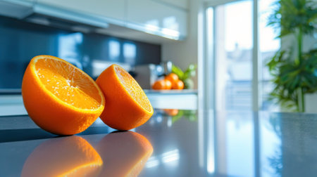 Fresh oranges on the table against the backdrop of a blurred image of a bright modern kitchenの素材