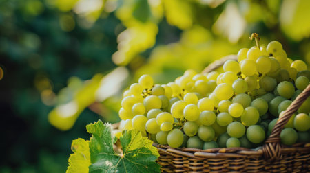 Ripe white grapes with grape leaves in a wicker basket in the vineyard, harvestの素材
