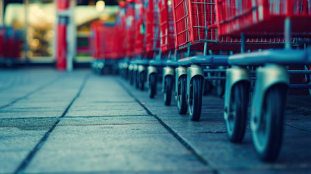 close-up of wheels row of supermarket trolleys with space for text.sales and black friday conceptの素材
