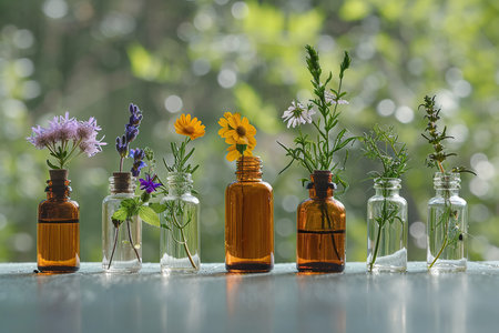 essential oils and medicinal floral herbs in miniature bottles on a blurred nature background.の素材