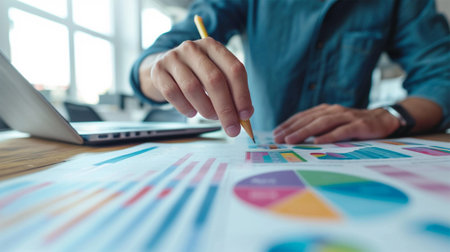 Business man working manually on graphs and tables on paper at an office desk in an office with a laptop,.の素材