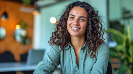portrait of a handsome cheerful androgynous brunette with wavy hair in a cafeの素材
