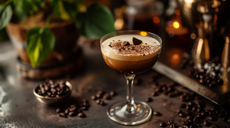 A glass of refreshing delicious cocktail coffee with foam and rich chocolate stands on a black table among scattered coffee beans.の素材