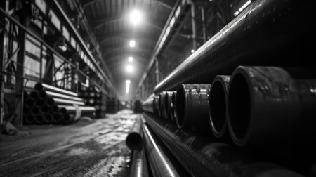 Stacks of round metal pipes in a warehouse on the territory of a factory. black and white imageの素材