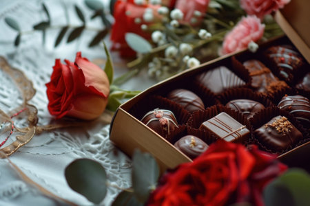 a box of expensive chocolate sweets next to a bouquet of flowers on a white tablecloth on the tableの素材
