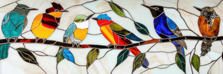 depicting birds on a branch, colorful birds, thin white background, brown branch. made of natural and precious stones and mother of pearl. mosaic styleの素材