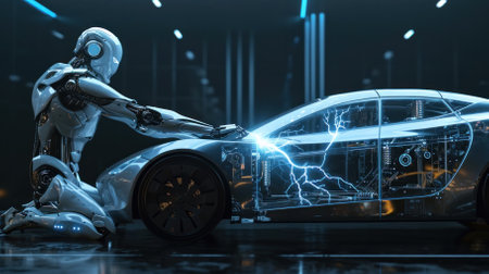 Futuristic robot shoots lightning from his hand at a futuristic transparent electric car. fictional plot. wireless charging conceptの素材