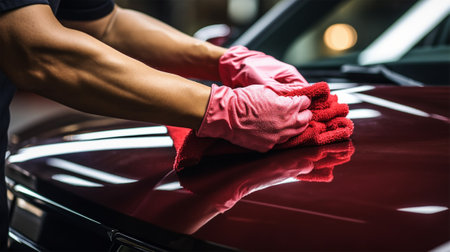hand of a man in a glove cleaning a car with a red microfiber cloth, washing and polishing the surface of the carの素材