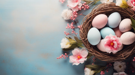 Spring background, Greeting card for Easter. top view, copy spaceの素材