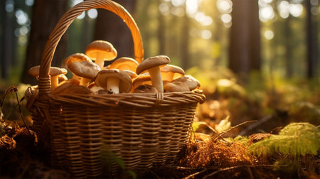 basket full of mushrooms in nature. Edible forest mushroom growing in moss in the forest in sunlight close-up.の素材