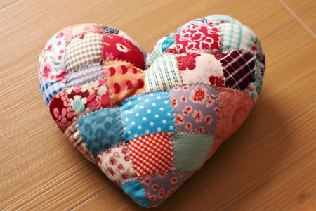 Patchwork heart made from pieces of fabric on a wooden background for Valentines Day with space for text.の素材