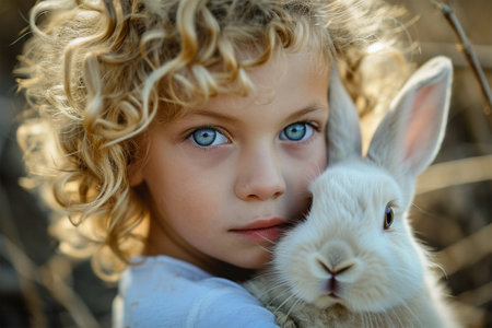 portrait of a four year old boy with blond curly hair and bright blue eyes, looking at the camera, hugging a white rabbit in a clearing, copy spaceの素材