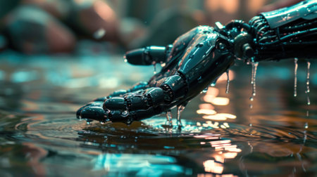 close-up of a robot hand scooping water into its palm from a river or stream flowの素材