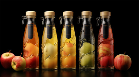 five bottles of apple juice or drink surrounded by apples on a dark background, with space for text or title, advertisement for apple drinksの素材