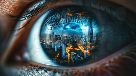 Macro shot of a human eye reflecting a visionary and futuristic cityscape.の素材