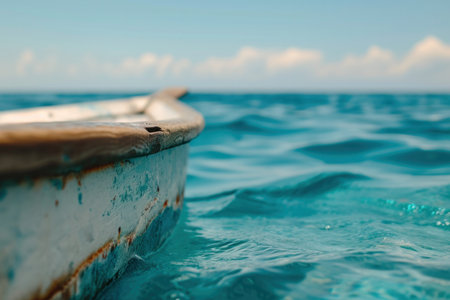 Clear close-up of seawater, fishing boat, blue sky, blurred backgroundの素材
