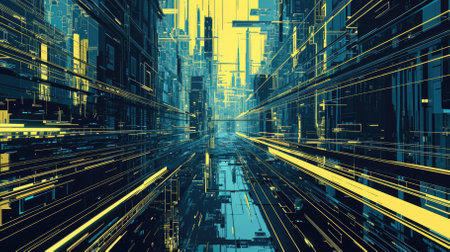 Digital art of a futuristic cityscape, glowing in blue and gold lines.の素材
