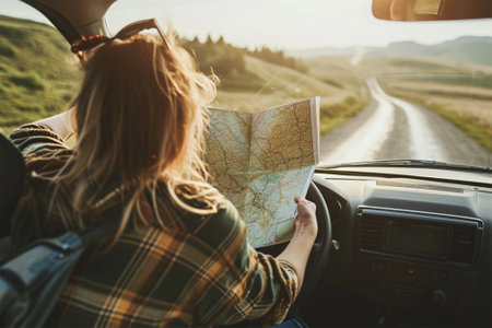 Woman with a map in a car at sunset, exploring scenic roads on a sunny adventure.の素材